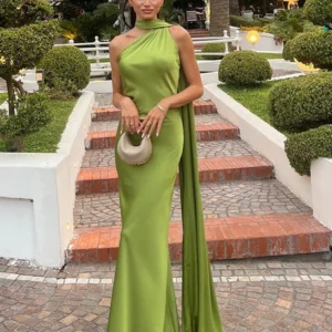 Sexy Satin Ribbon Party Dress Women Elegant Halter Backless Off Shoulder Sleeveless Female Dresses 2024 Summer Solid Robe Gown