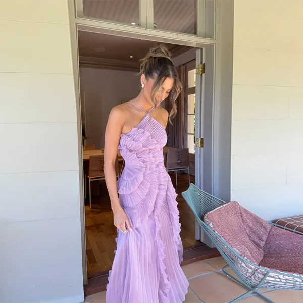 Elegant Purple Halter A Line Prom Gowns Ruffles Tiered Backless Party Gown Summer Vacation Chiffon Long Evening Dress - Image 3