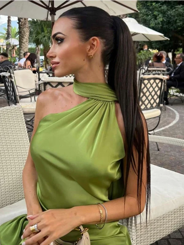 Sexy Satin Ribbon Party Dress Women Elegant Halter Backless Off Shoulder Sleeveless Female Dresses 2024 Summer Solid Robe Gown - Image 2