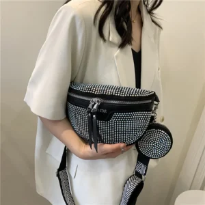 New Fashion Rhinestone Waist Belt Bag Lady Shiny Shoulder Crossbody Bags PU Leather Chest Pack for Women Handbags Xmas Gifts