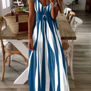 Sexy Sleeveless Dress Women Black White Stripe Printed Long Dresses Summer Casual Vacation Party Dress Robe