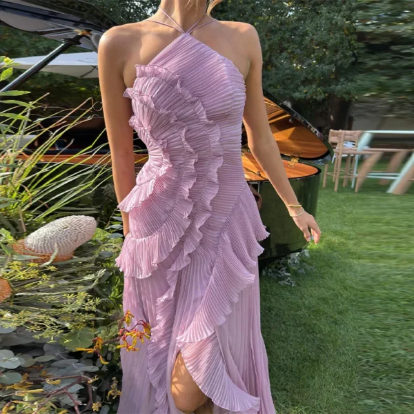 Elegant Purple Halter A Line Prom Gowns Ruffles Tiered Backless Party Gown Summer Vacation Chiffon Long Evening Dress - Image 2