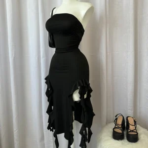 2024 Summer Maxi Women's Dress Vintage Elegant black Fashion Sleeveless Slim Backless Irregular Tassel Party Dresses Street Robe