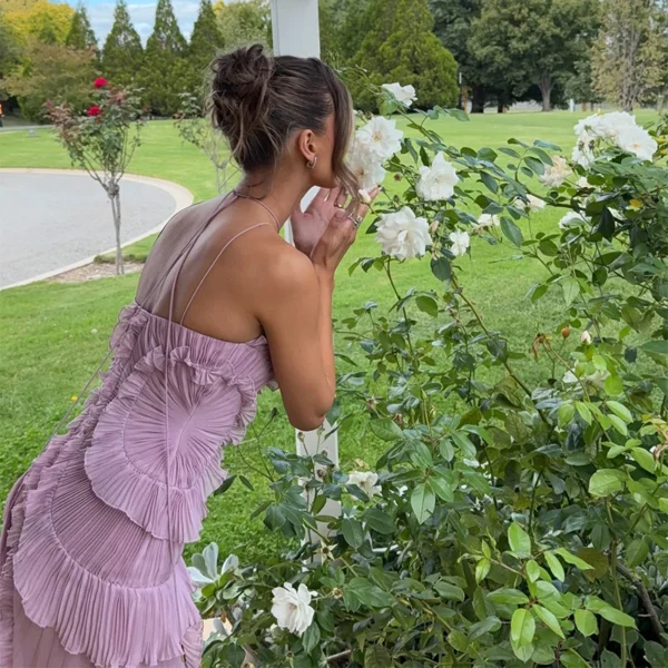 Elegant Purple Halter A Line Prom Gowns Ruffles Tiered Backless Party Gown Summer Vacation Chiffon Long Evening Dress - Image 4