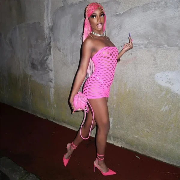 Pink Mini Dress Women Strapless See Through Backless Sleeveless Skinny Vestido Female Party Night Clubwear Mesh Lingerie Dress - Image 2